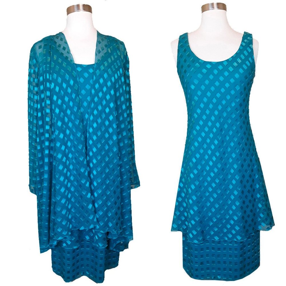 Vintage 80s Teal Blue 2 Piece Dress Jacket Set S M